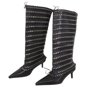 NIB Goolita Metal Eyelets Pointed Toe Wide Calf Knee High Boots Kitten Heel 42
